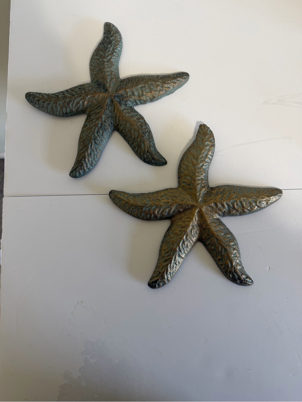 Pair of 8" Cast Iron Starfish Wall Art Decor, Verdigris Bronze Nautical Beach